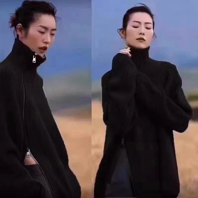 2025 Autumn/Winter New Women's High-Neck 100%Cashmere Sweater with Side Zipper Loose Wool Knit Thick Sweater