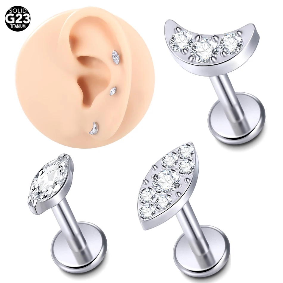 1/5PC Titanium 16G Moon Snake Labret Bar Rings Crystal Flower Tragus Helix Ear Cartilage Stud Earring Piercings Women Jewelry