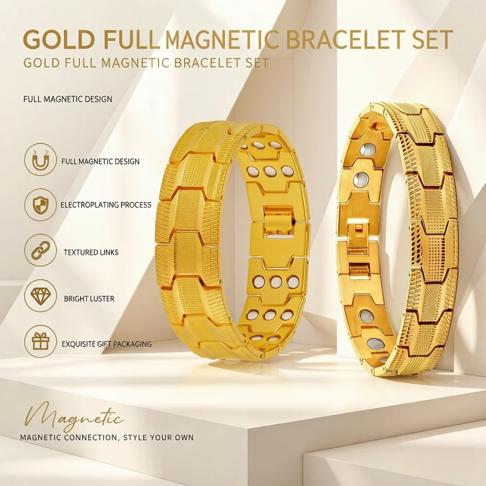 Men Women Black Zinc Alloy Magnetic Therapy Bracelet Set with Folding Clasp, Textured Design, Durable Gift Box Packaging