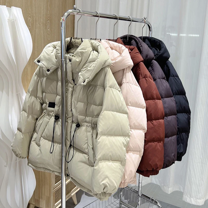 الشتاء مقنعين رقيق منتصف طول أسفل سترة الإناث الدافئة سستة باركر أبلى المرأة الخصر الرباط الأبيض بطة أسفل سترة #3