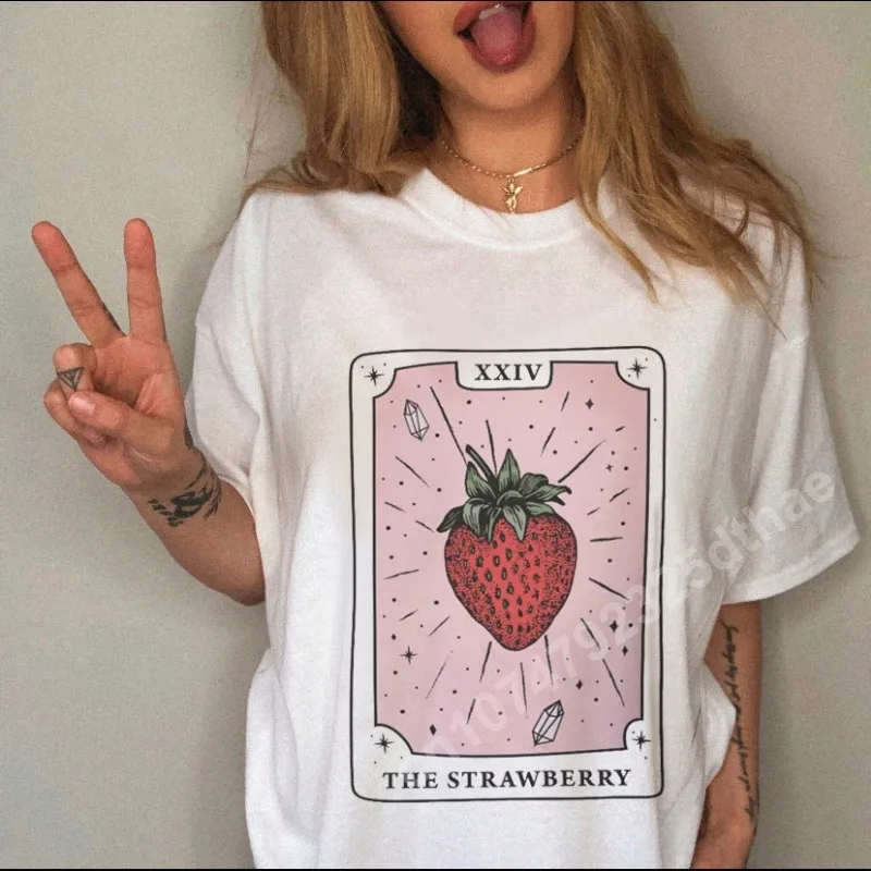 Strawberry Tarot Cute T-Shirt Women 90s Lady Fashion Tees Female Short Sleeve Cartoon Clothes Print O-neck Tops Graphic Tshirts