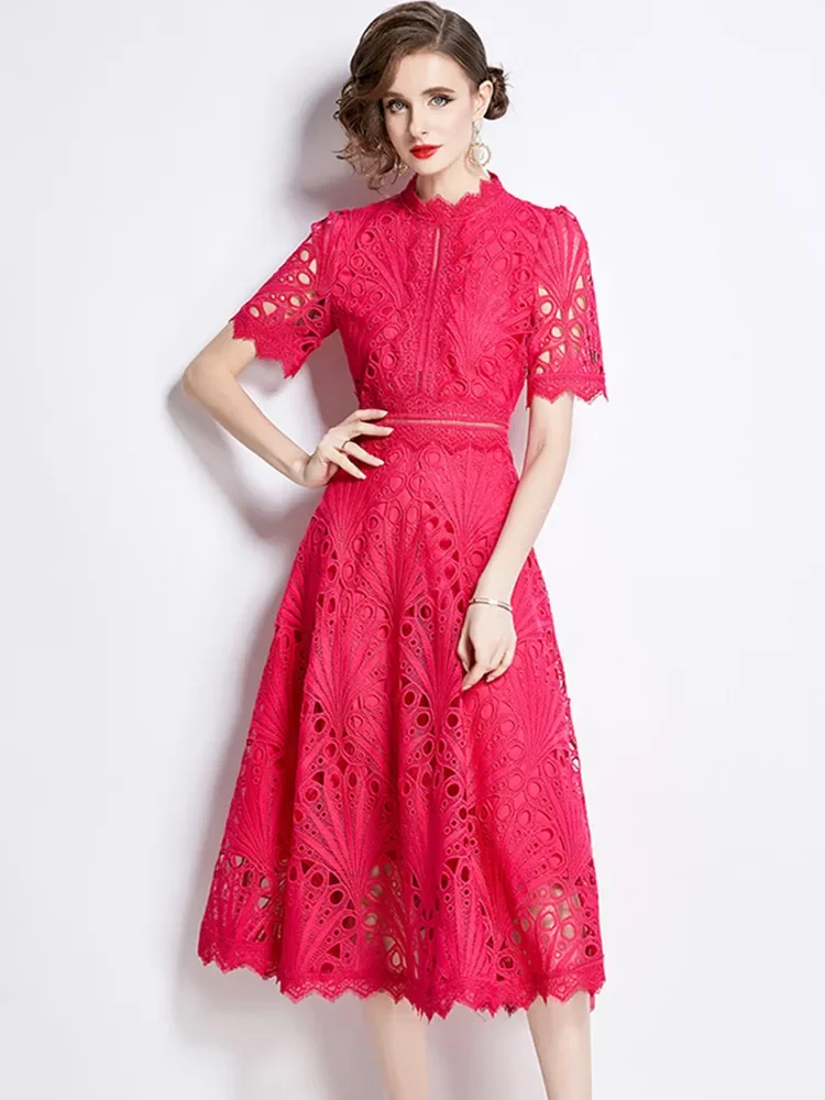 S-4XL Sweet Rose Red Solid Runway Party Dress for Women Summer Short Sleeve Hollow out Embroidery Lace Dress Robes Femme