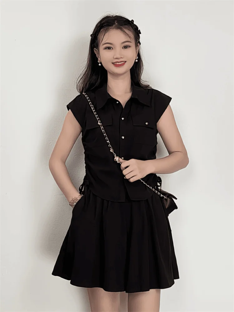 

Faionable Pleated irt And Skirt Set Women's ort Sve Button up Commute Sle Autumn Collection High Quali Ensemble