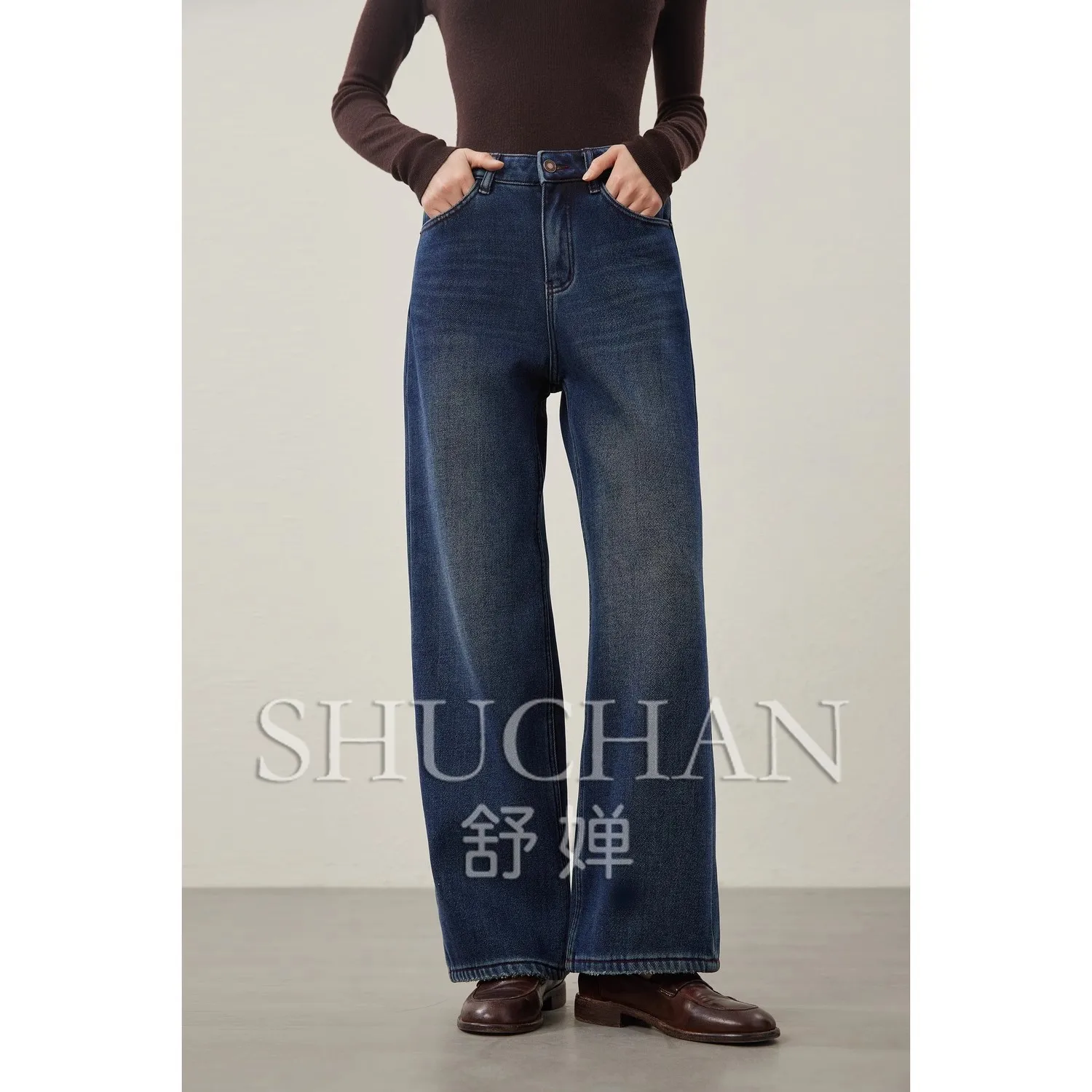 Good Quality, Fashionable Retro Washed Natural Old Straight Wide Legs with Velvet Jeans Inside Fleece Winter Pants