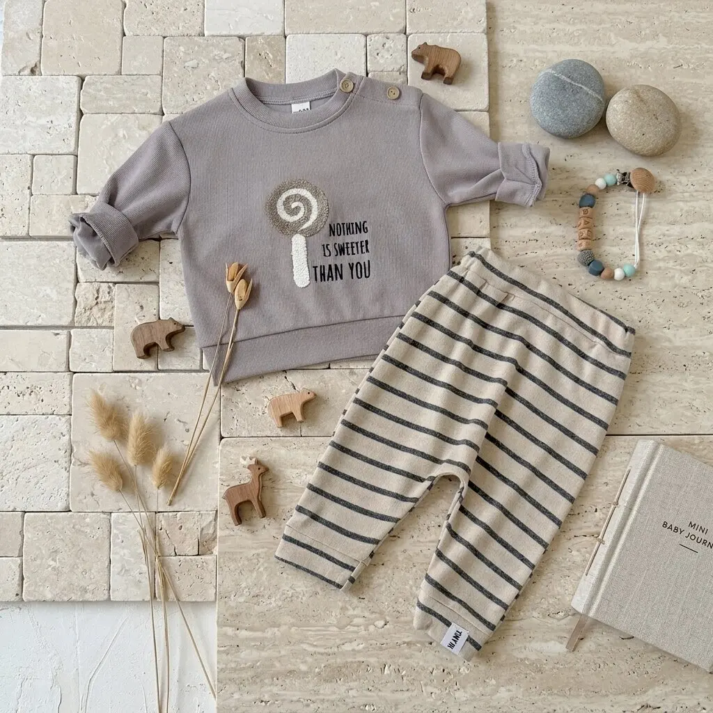 Baby Lollipop Towel Embroidery Outfit Unisex Grey Sweatshirt + Striped Pants 2Pcs Infant Casual Autumn Set