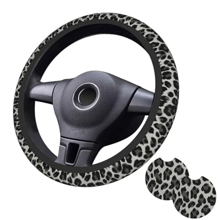 

Black Gray Leopard Print Steering Wheel Cover Black Gray Leopard Print Steering Wheel Protector Car Accessories 15inch Neoprene