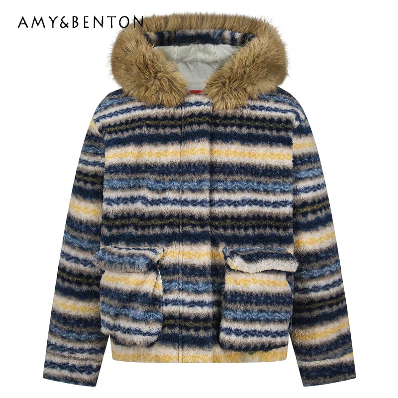 

American Retro Detachable Fur Collar Unisex Cotton Jacket 2025 Autumn Winter New Striped Thick Loose Warm Couple Coats Ladies