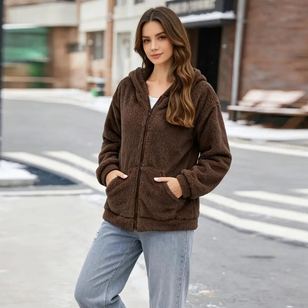 Cozy Everyday Outerwear Women’s Oversized Fleece Jacket with Pockets Warm Hooded Coat Long Sleeve Zip-up Hoodie for Fall