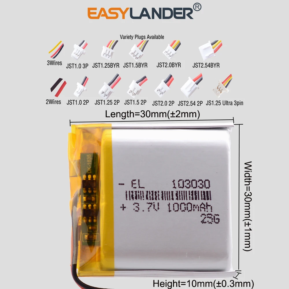Variety Plugs 103030 3.7V 1000mAh Rechargeable Lithium Lipo Li-ion Polymer Battery