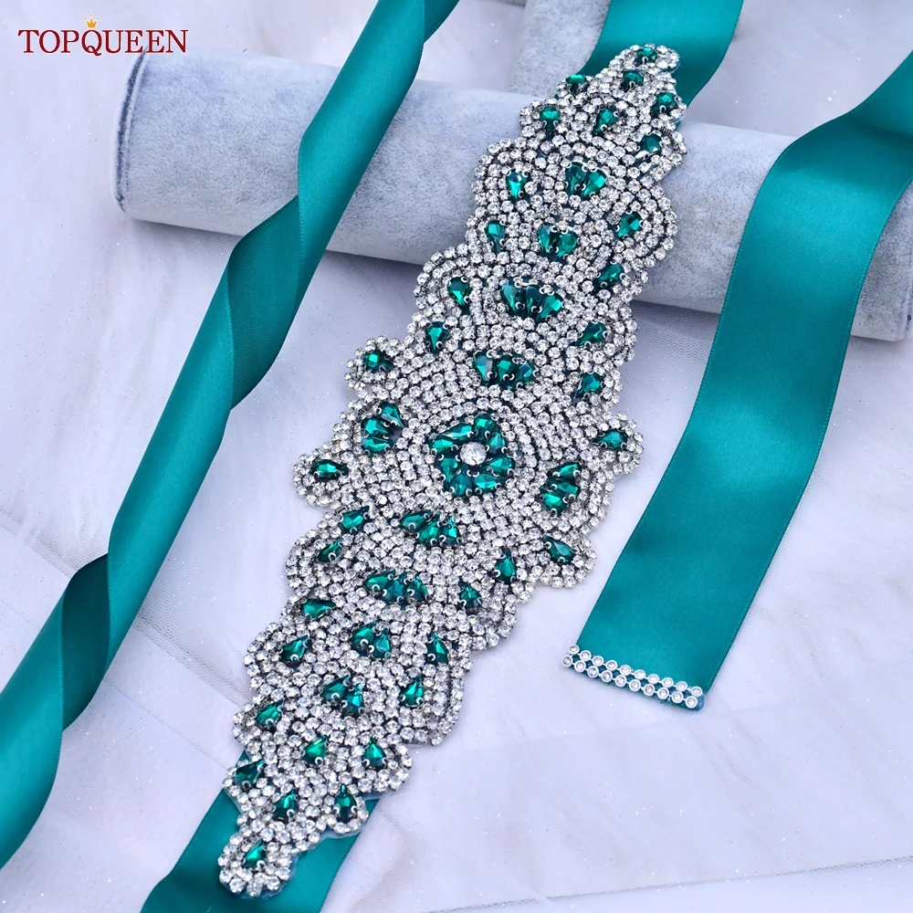 TOPQUEEN S88 Bridal Belt Women Decorative Wedding Party Evening Dress Accessories Female Dark Green Rhinestones Crystal Sparkly