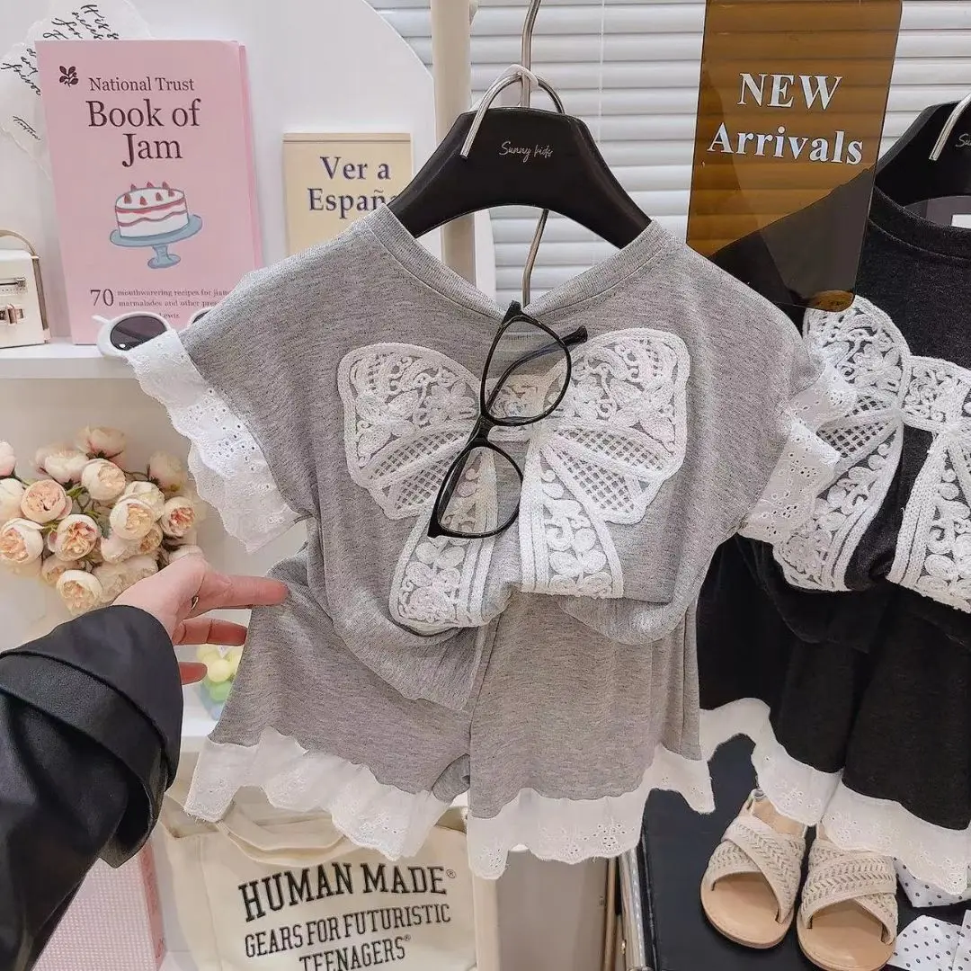 Summer Girls Skirt 2Pcs Sets Kids Clothes Bow T-Shirt+ Skirt Suits Fashion Children Short Sleeve Outfits 2-8 Years