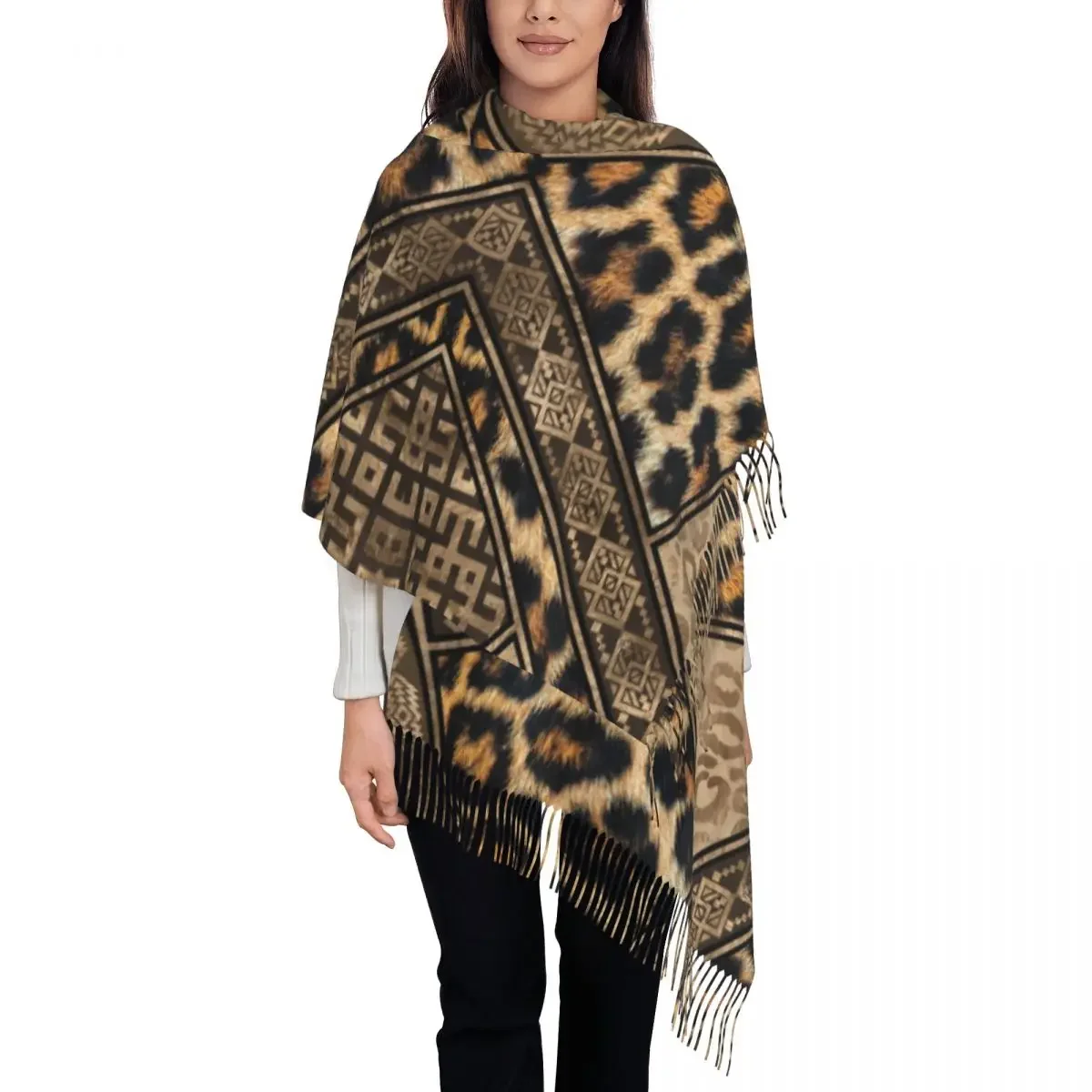 Female Large Leopard Fur With Ethnic Ornaments Scarves Women Winter Soft Warm Tassel Shawl Wraps Tribal African Animal  Scarf