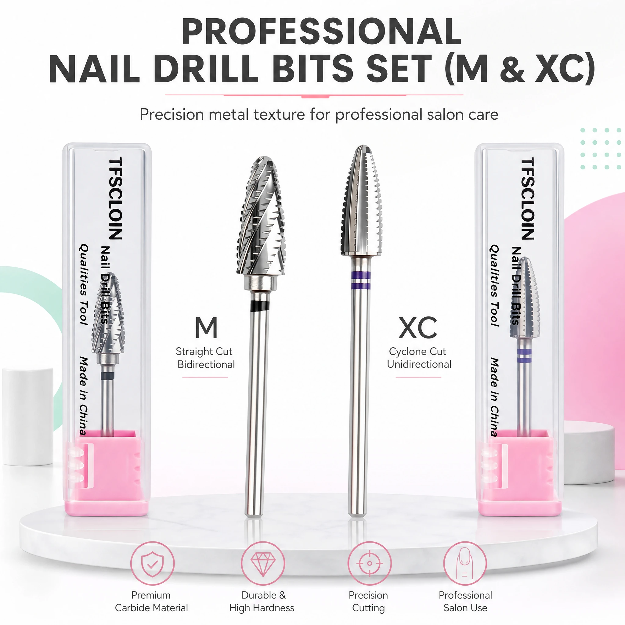 TFSCLOIN Professional Tungsten Carbide Nail Drill Bit, Bidirectional M‑Cut & Unidirectional XC Cyclone‑Cut, Acrylic Gel Nail Remover Bit, 3/32
