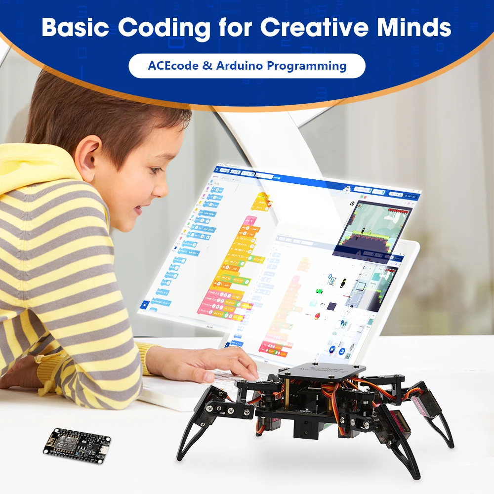 ACEBOTT Quadruped Bionic Spider Robot, Kit d'apprentissage STEM QD020, Noir, Contrôle par Application, Robot Programmable pour Enfants 8+ Ans, avec Batterie 18650 ACEBOTT Quadruped Bionic Spider Robot, Kit d'apprentissage STEM QD020, Noir, Contrôle par Application, Robot Programmable pour Enfants 8+ Ans, avec Batterie 18650