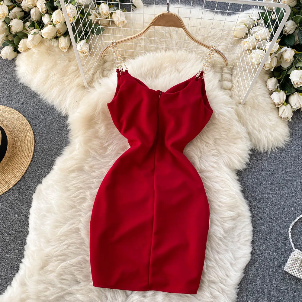 Temperament V-ausschnitt Frauen Ketten Spaghetti Strap Kleid Sommer Neue Dünne Gefaltete Party Kleid Sexy Weibliche Kurze Slip Kleid