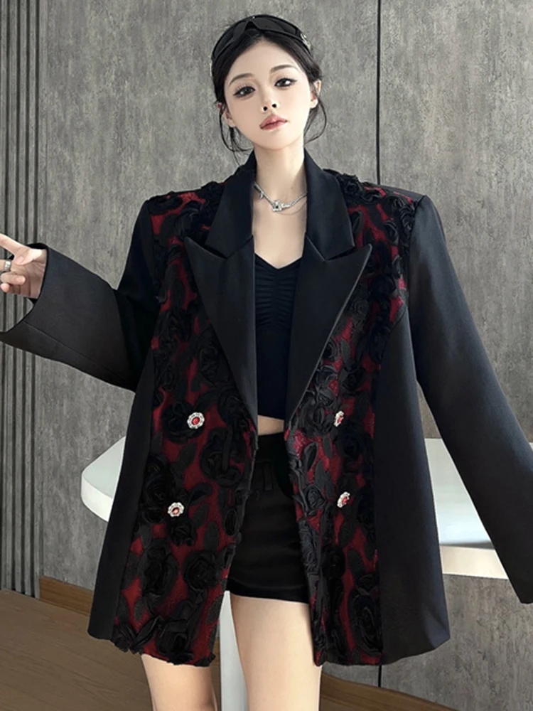 YERMORA Zwart Gesplitste Bloem Knop Casual Blazer Voor Vrouwen Revers Lange Mouw Losse Nieuwe Jas Mode Tij Lente Herfst 2025