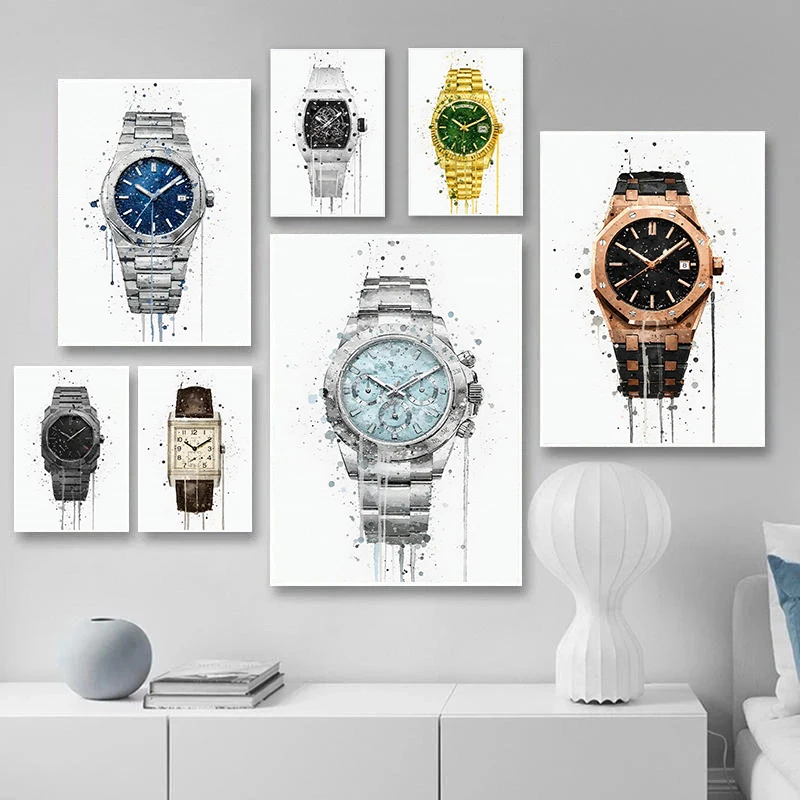 Luxury Classic Wristwatch Posters Minimalist Watercolor Splash Art Modern Prints Canvas Painting Wall Pictures Home Room Decor