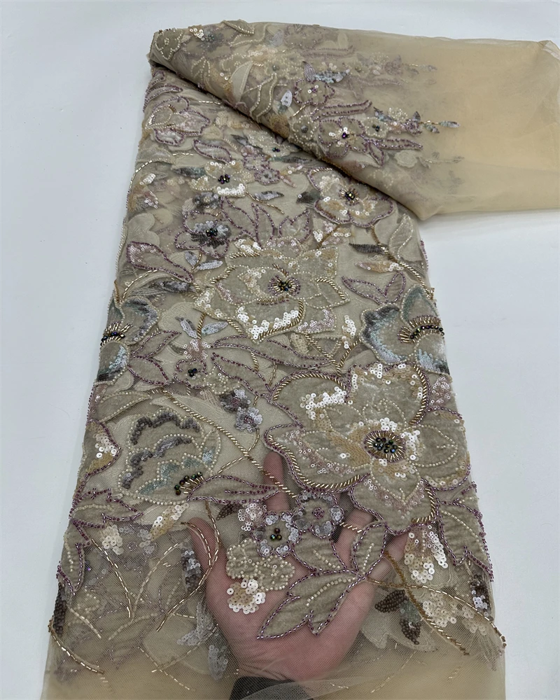 

Luxury Velvet Lace Fabric Beaded High Quality Nigerian Beaded Lace Fabric Fashion Sequins African Laces Fabric For Women