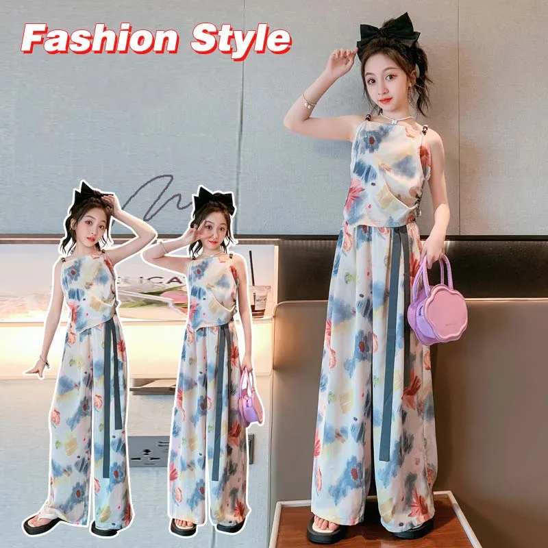 

JUCPKID Korean Summer Children Girl 2-Piece Sets Teenager Girl Printed Sling+Gauze Wide-leg Pants Children's Top And Bottom Set