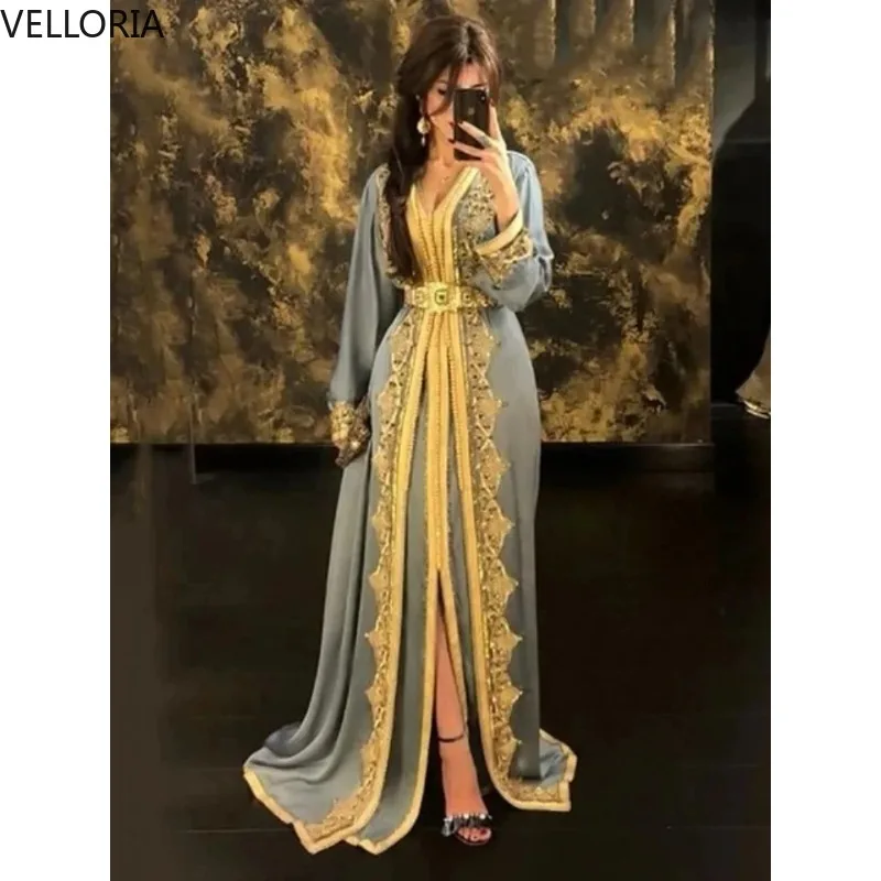 Elegant Arabian Evening Gown Long Sleeve Moroccan Kaftan Dress Gold Embroidered Ramadan Party Dress Vestdos De Fiesta Customized
