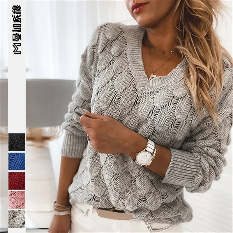 Hollow Out V Neck Sweater Regular Length Commuter with Lantern Sleeve Ribbed Texture Pullover Elegant Winter Women Sweater