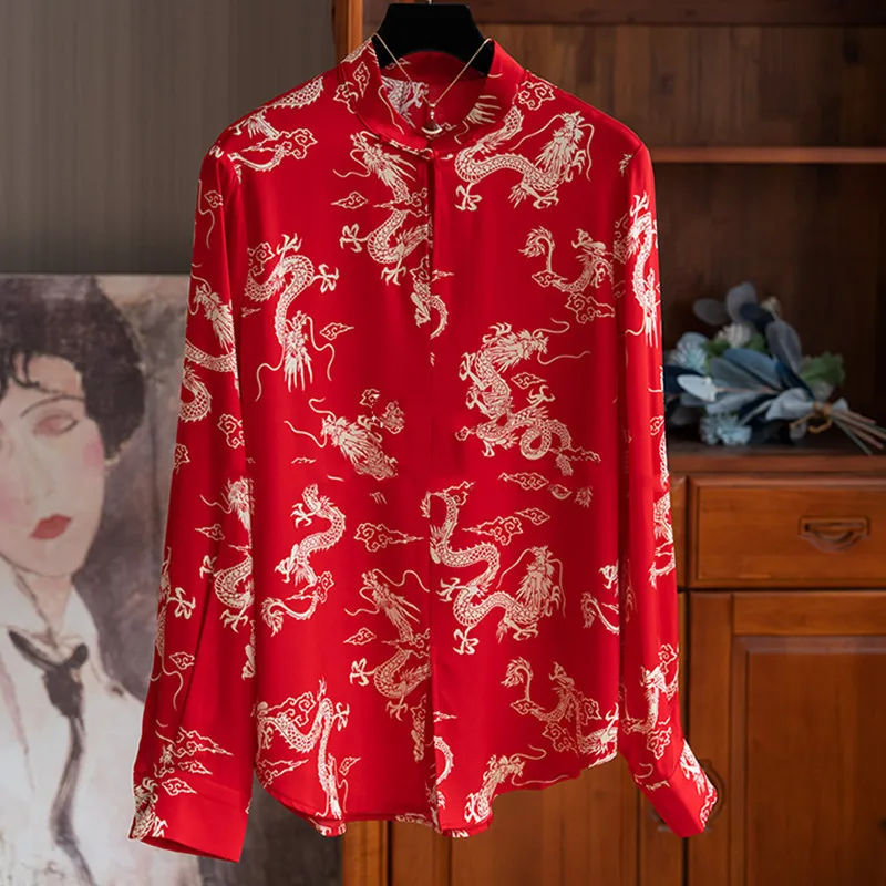 

High Quality Hongyun Dragon Pattern Printed Silk Chinese Stand Up Collar Button Mulberry Silk Shirt Blouse Femmes Chemise Y2k