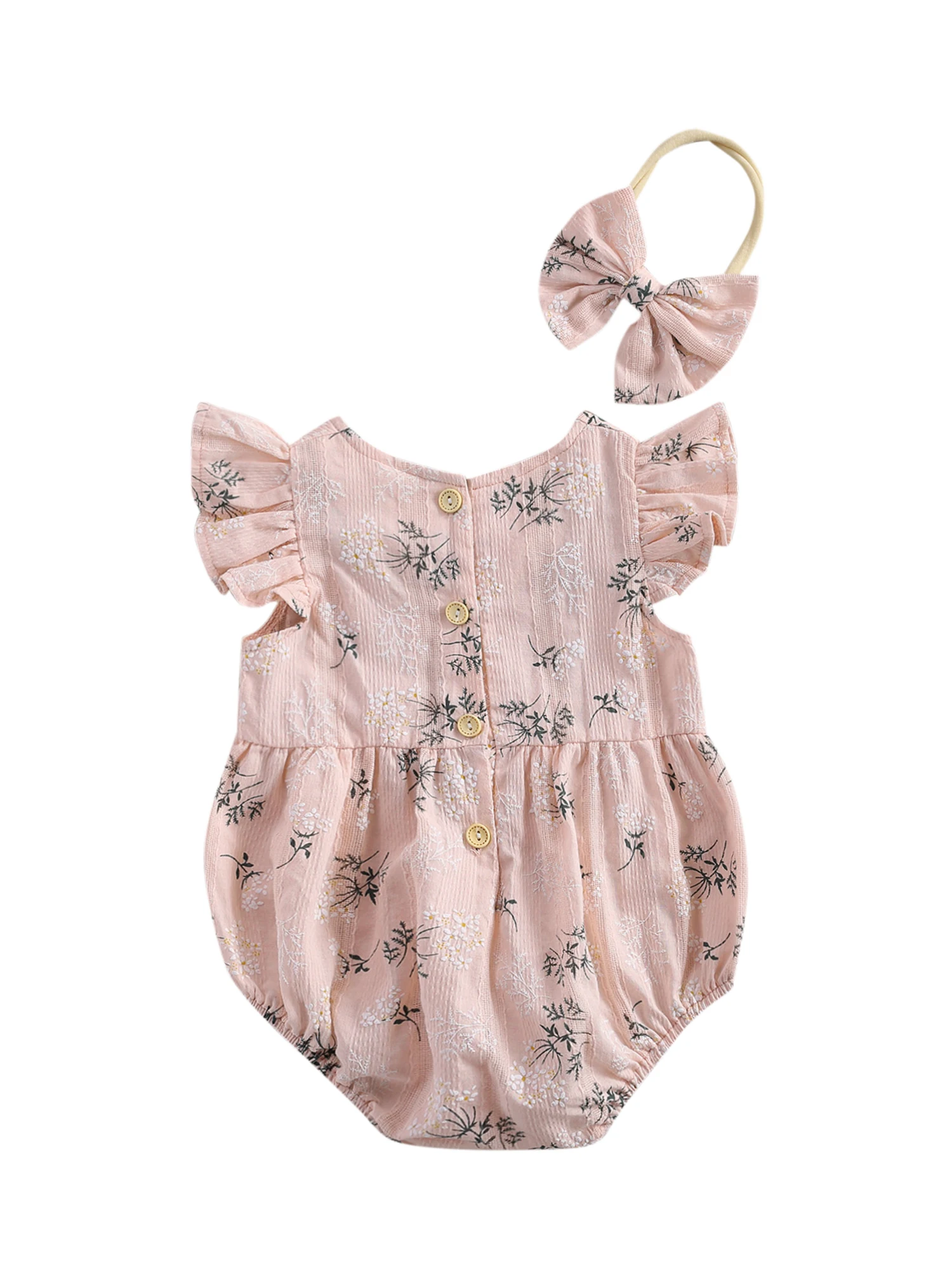 Infant Jumpsuit Set with Matching Headband Adorable Flower Patterned Round Neck Short Sleeve  and Hair Accessory for