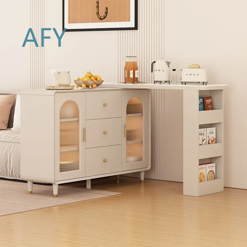 Extendable Bar Cabinet Dining Table Combo for Small Spaces Cream Style Living Room Partition Kitchen Sideboard for Home Use