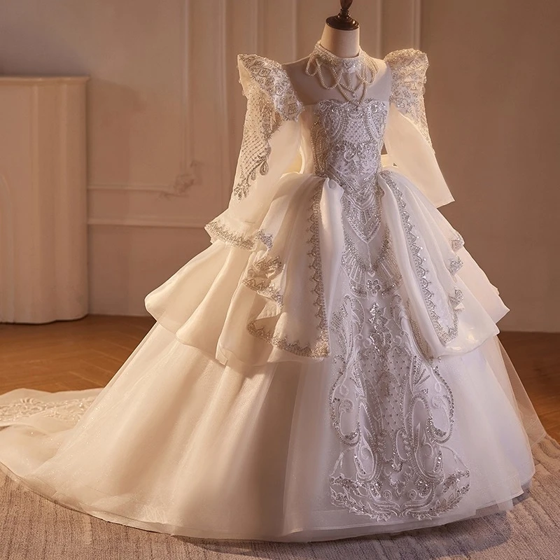 New Children Girls Sweet Princess Party Dress Puffy Tulle Gown Flower Girl Wedding Host Model Show Pageant Formal Celebration