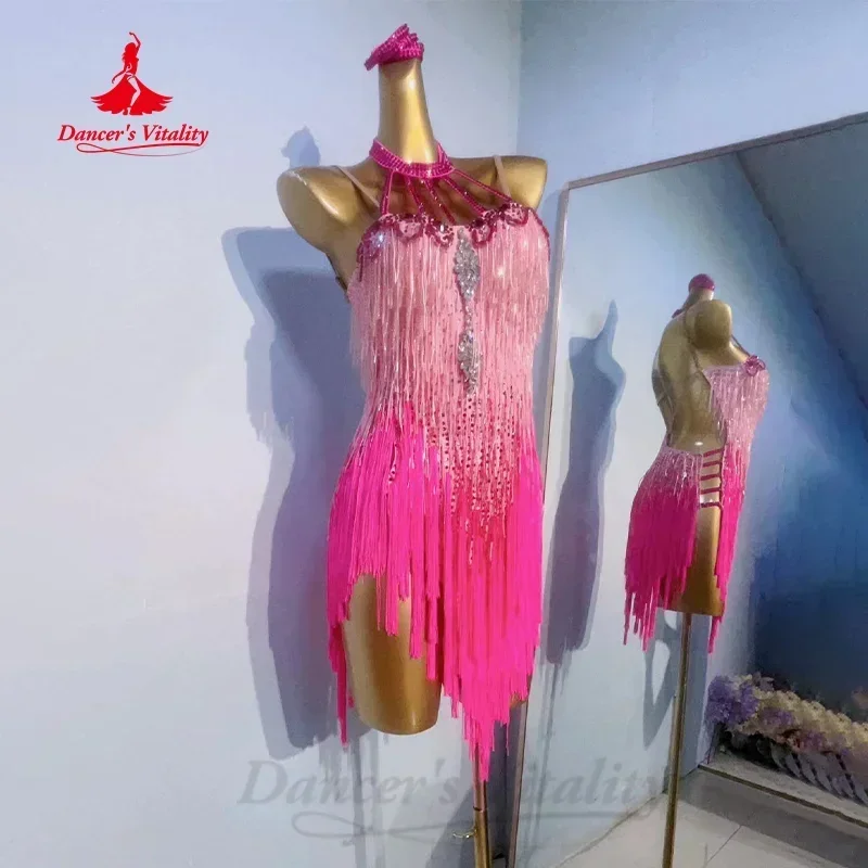 Latin Dance Competition Clothing Customized High-end Luxury Rhinestone Gradient Fringe Dress Adult Children Performance Costume