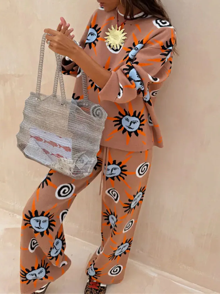 Nuevo Otoño Invierno Casual suelto 3 piezas trajes moda cuello redondo Tops y pantalón largo y cárdigan traje mujer elegante patrón estampado conjunto de felpa