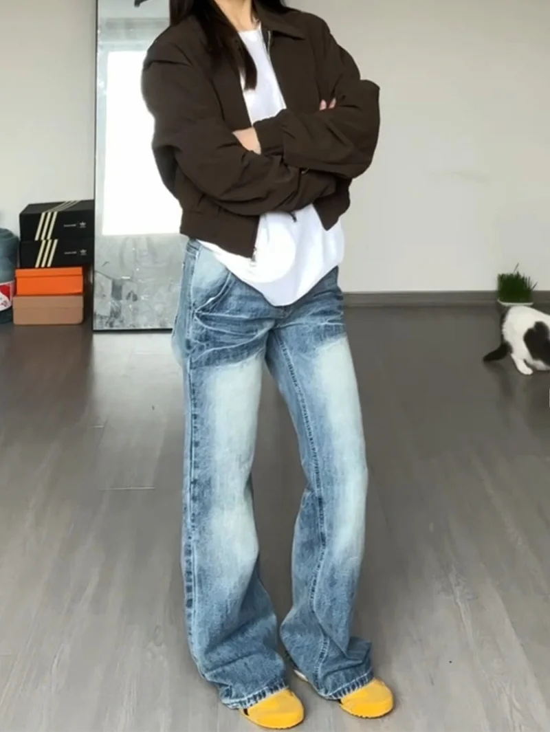 

Retro Washed Scratch Straight Leg Jeans Women Summer Y2K Millennium Style Low Waist Floor Length Pants