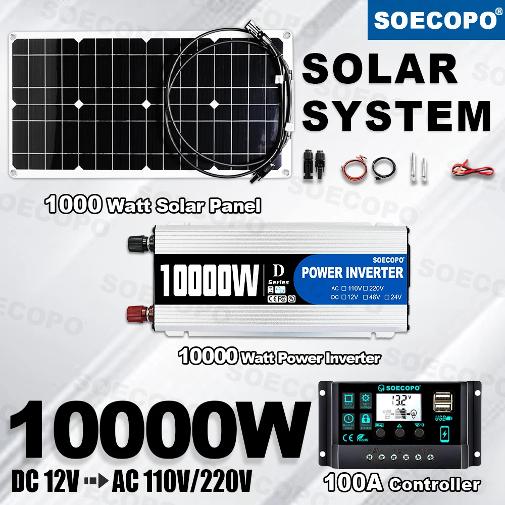 Off-Grid camping equipment Flexible Panel 10000W Solar Kit 1100W Inverter 100A Controller for Caravan/Home/Livestock Shelter/car