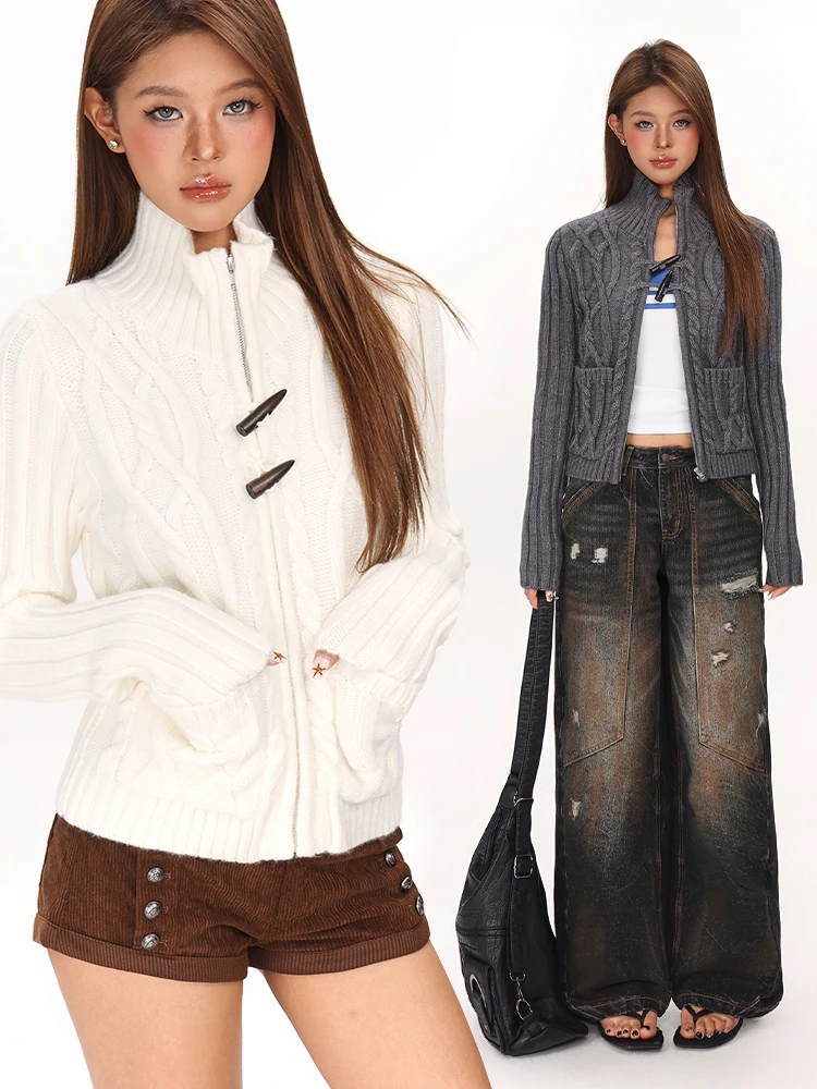 

Women's Knitted Sweater with Horn Buttons Stand Collar Loose Fit Casual Winter Top oulder-Length Zipper ort Open Cardigan