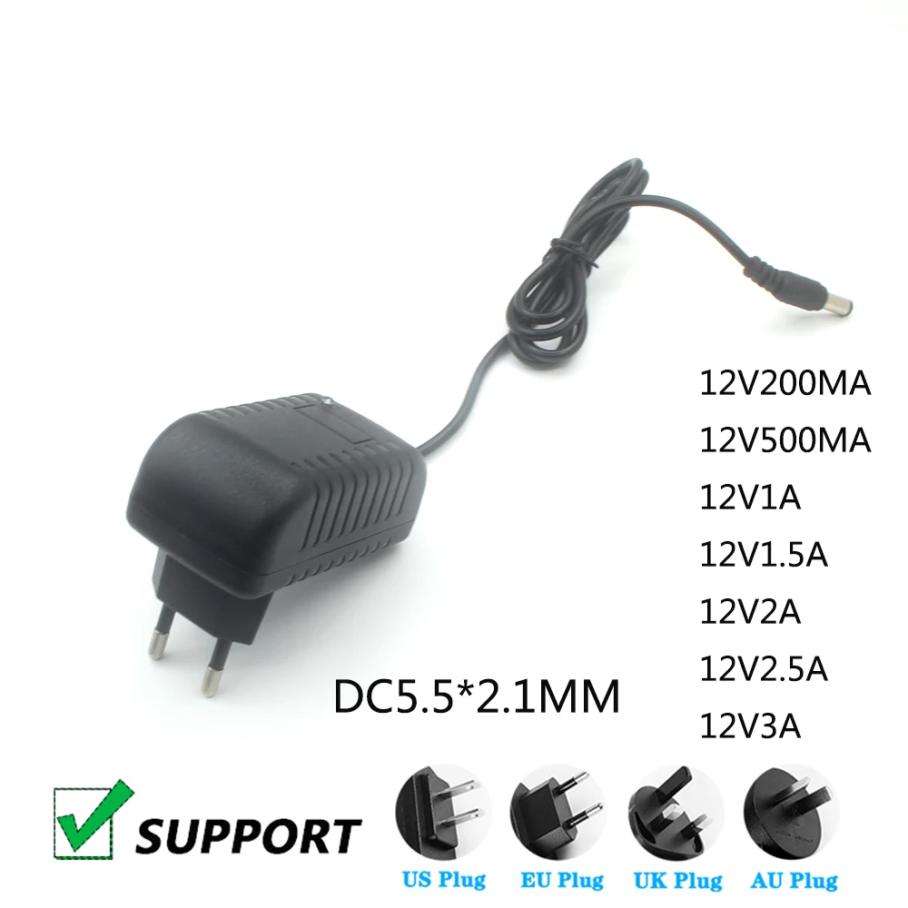 1 قطعة 12 فولت 500mA 12 فولت 1A 1.5A 1 2A.5A 3A التيار المتناوب 100 فولت-240 فولت محول محول التيار الكهربائي الاتحاد الأوروبي التوصيل 5.5 مللي متر x 2.1 مللي متر