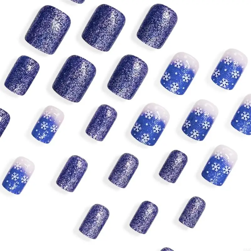 652C 24pcs French Tip Short Square Press On Nail Blue Glittering Snowflake Designs Stick on Nail For Christmas And New Year