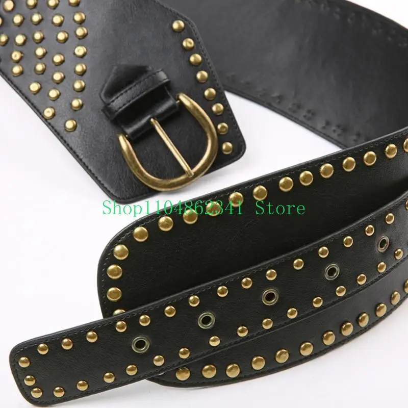 

652F Fashion Men Teens Rivet Decor Waist Belt PU Adjustable Cowboy Waist Strap
