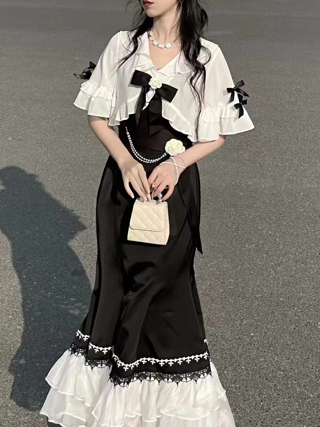 Japanese 2000s Style Y2k Soft Girl White Cape + White Black Patchworked Ruffle Dress Two Piece Set Woman 2024