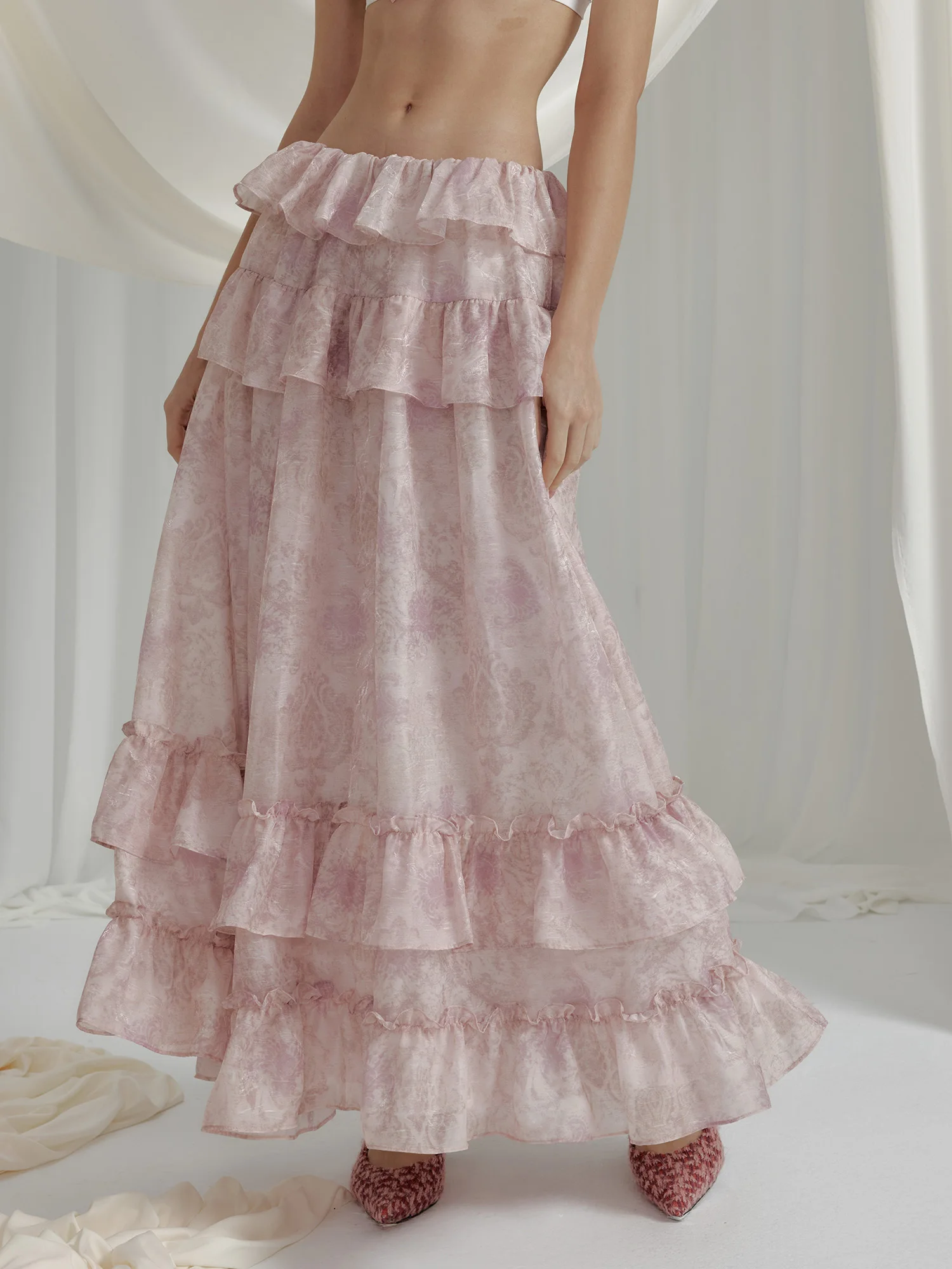 

Romantic Lace Trim Pink 3D Silver Tead Pattern Elastic Waist Cake Skirt f-length Polyester Fiber Stand Fit Daily Wear