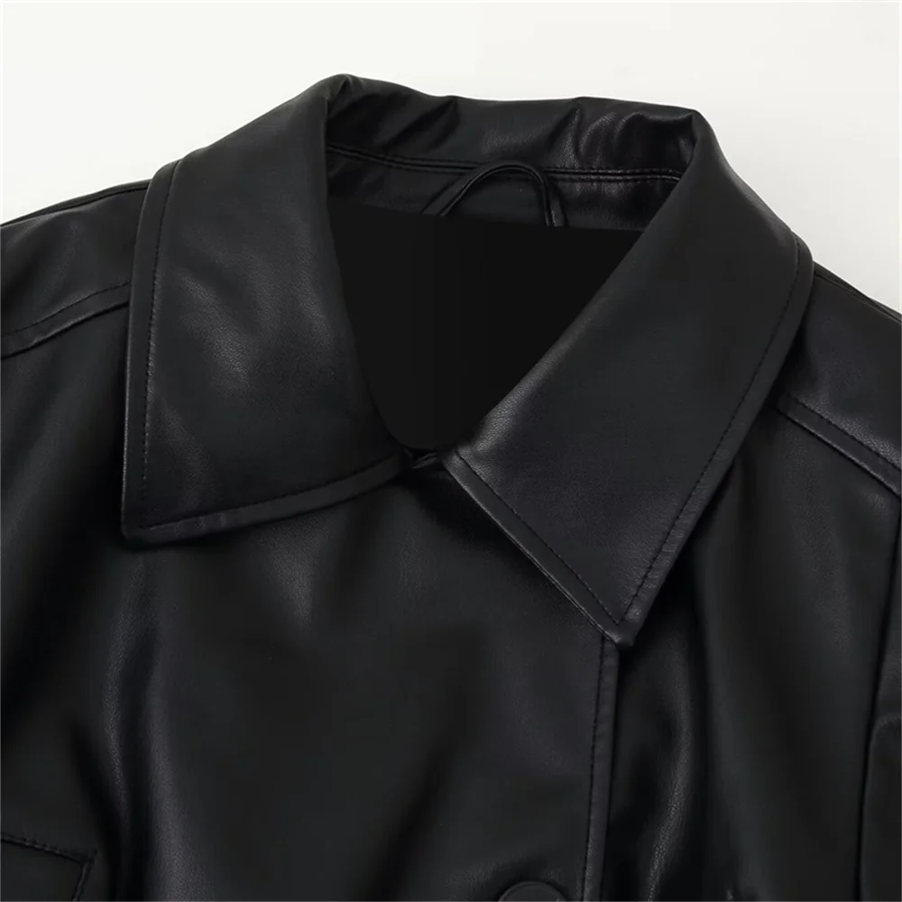 レディースファッション カジュアル ラペル 長袖 ベルト飾り シングルブレスト フェイクレザー ショート丈 ウィンドブレーカー