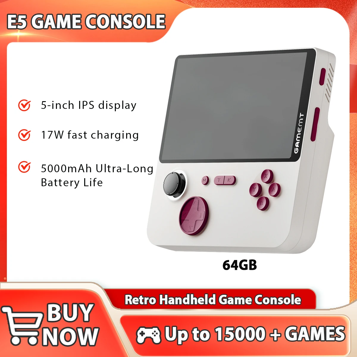 

Портативная игровая консоль E5, 5-дюймовый IPS-экран, 64 ГБ, 5000 мАч, джойстик с эффектом Холла, портативный портативный карманный видеоплеер, подарки для детей