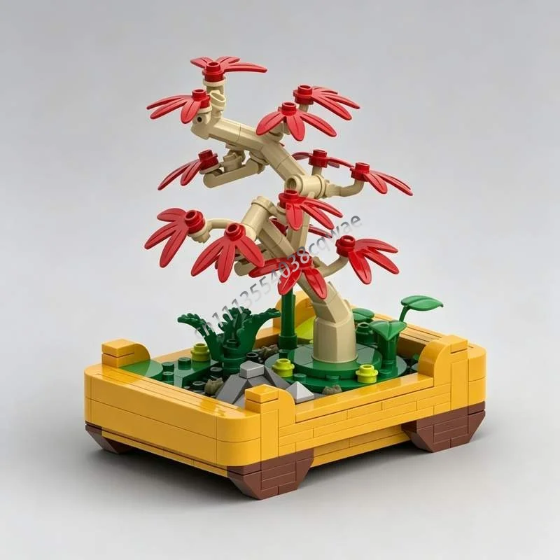 NEW 240PCS Red Maple Bonsai Japanese Tree MOC Model Custom Puzzle DIY Assembly Building Blocks Home Decoration Toy Popular Gift