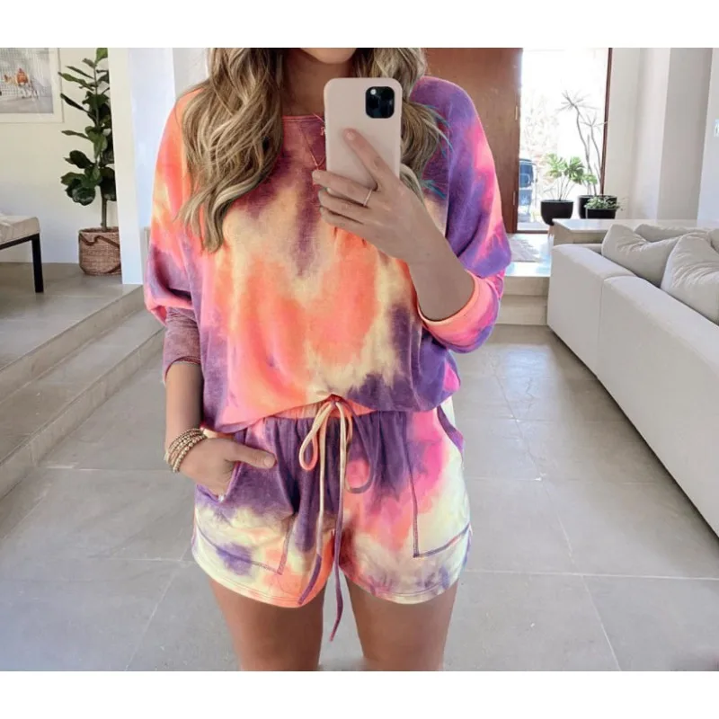 Casual Home Two Piece Set of Shorts for Women Female Clothing Summer Women\'s Fashion Tie Dye Printed Long Sleeved & Shorts Sets