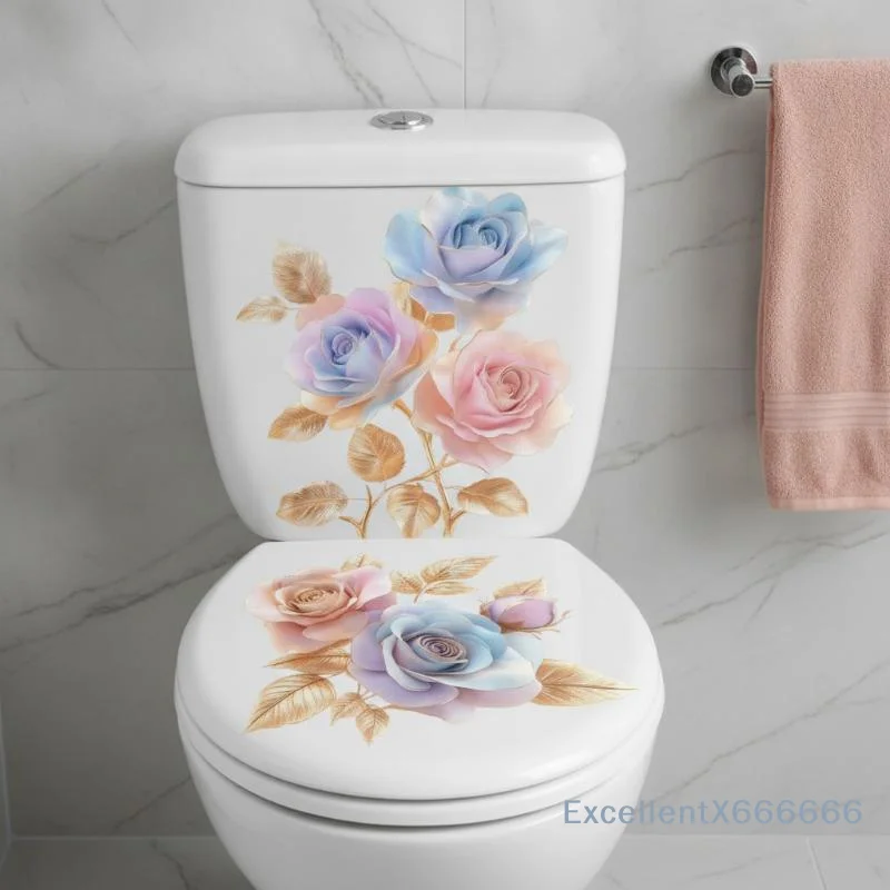 Floral Toilet Sticker Waterproof Bathroom Wall Sticker Toilet Lid Sticker Self-Adhesive Removable