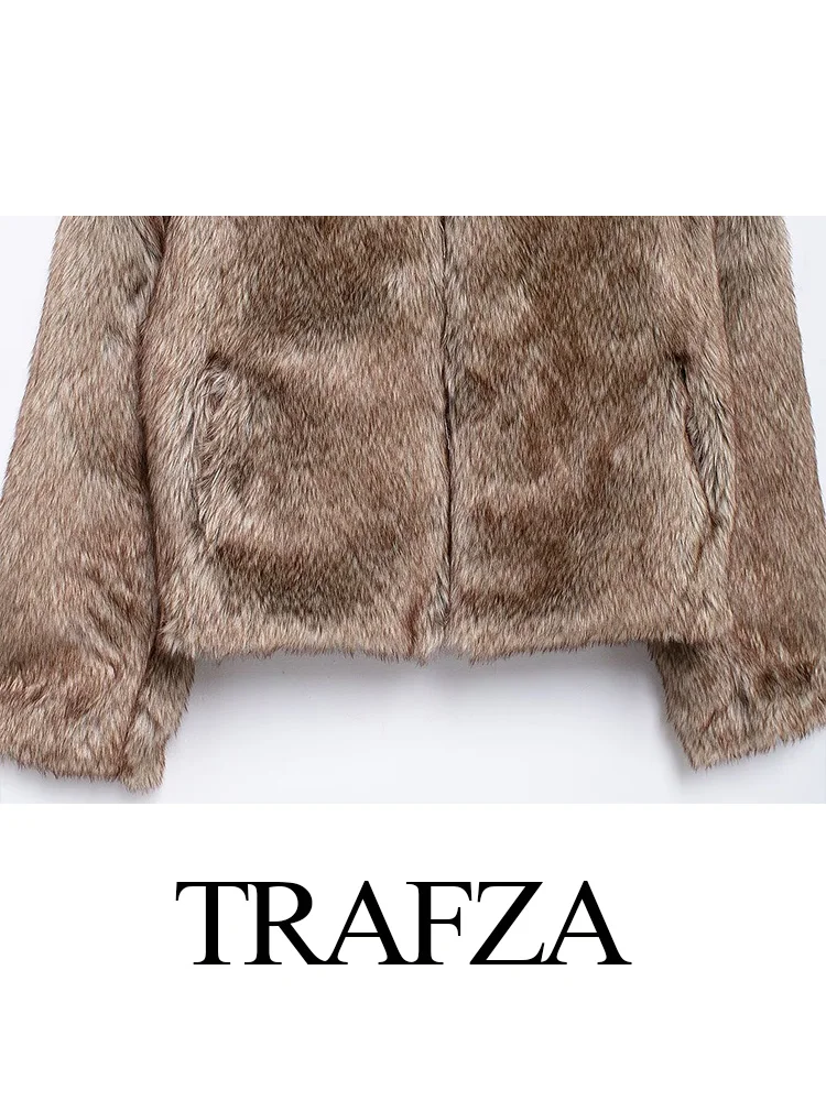 TRAFZA Winter Fashion Woman Zipper Faux Fur Warm Jackets Lapel Long Sleeves Single Breasted Female Side Pockets Decorate Coat