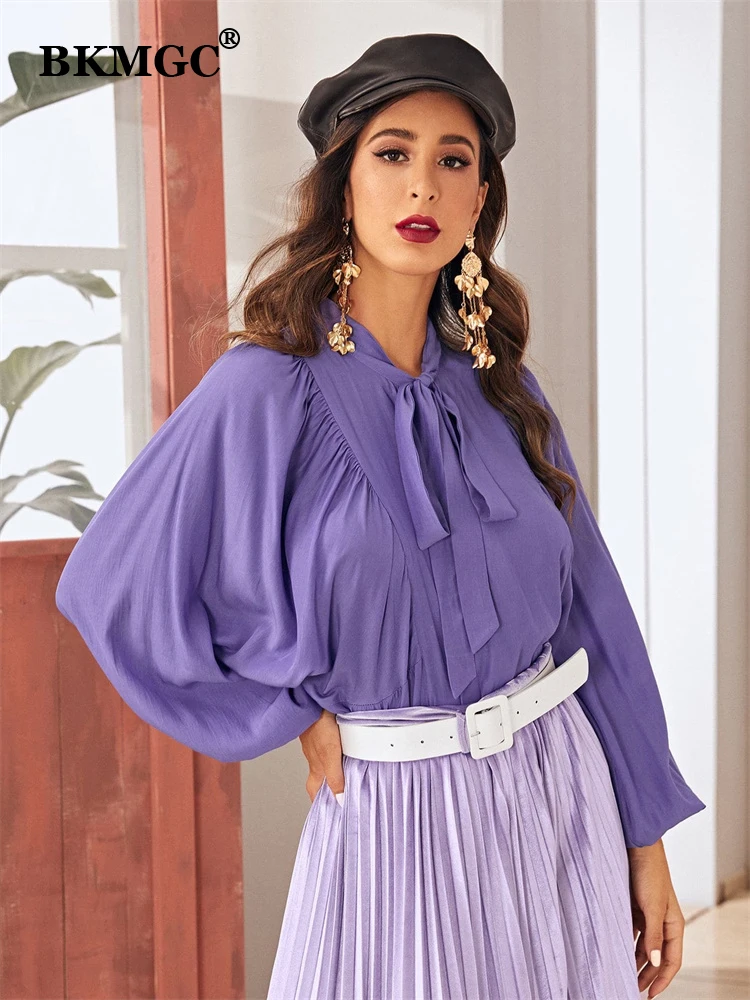 

BKMGC Purple Lavendar Violets Color Women Blouse Loose Fitting Long Lantern Sleeves Open Tie Collar Shirts Office Lady 6788