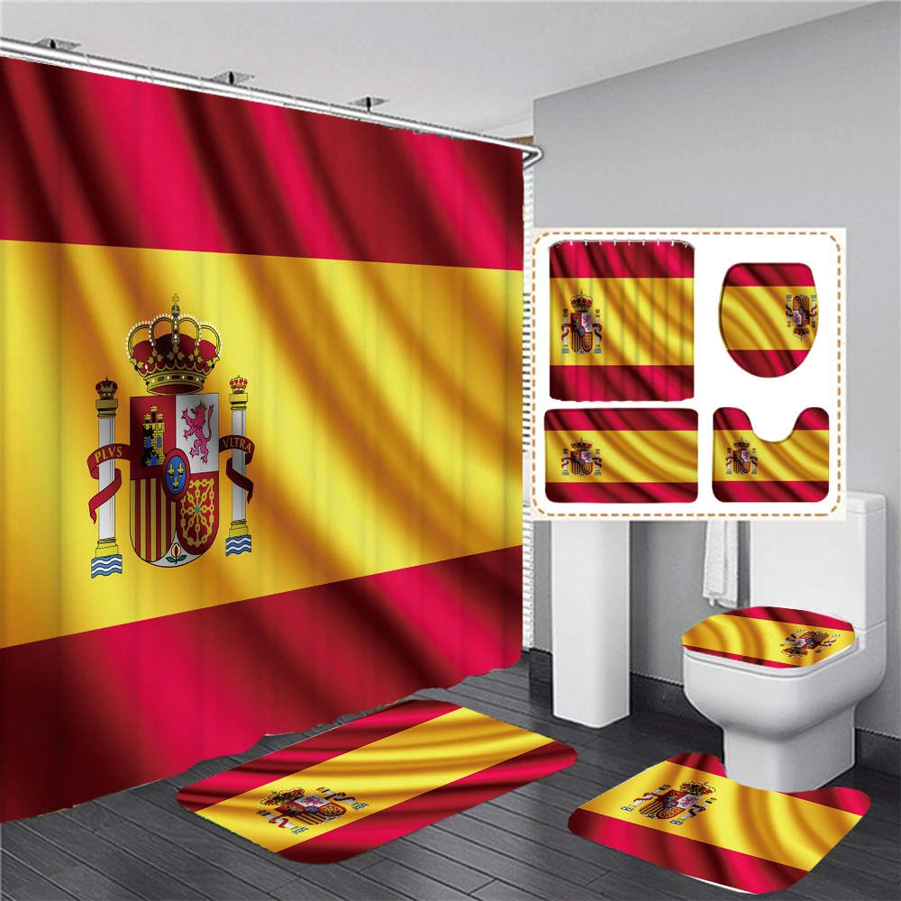 Spanish Flag 3D Shower Curtain Flag of Spain Printed Bathroom Curtains Set Non-Slip Rugs Toilet Lid Cover Mat Carpet Home Decor