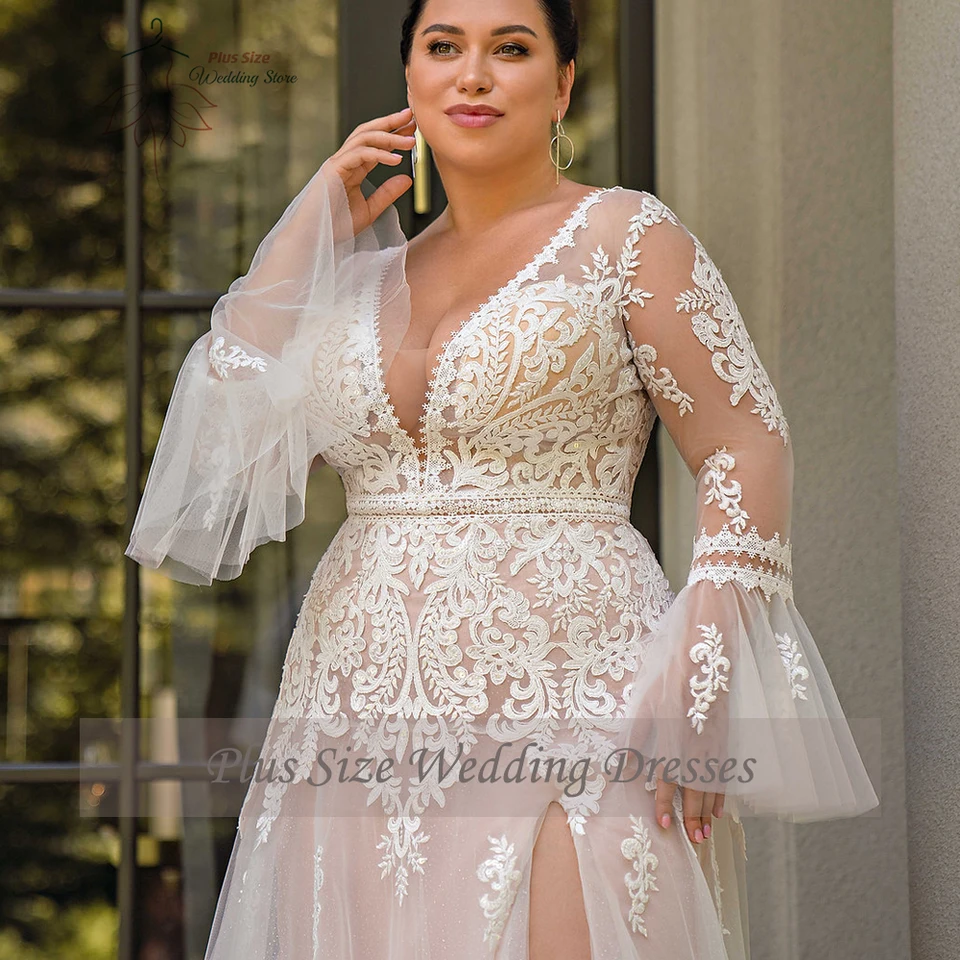 Sexy Wedding Dresses Plus Size V Neck Long Sleeves Illusion Bride Gowns  Appliques Floor Length Tulle A-Line Vestido De Noiva - AliExpress 320