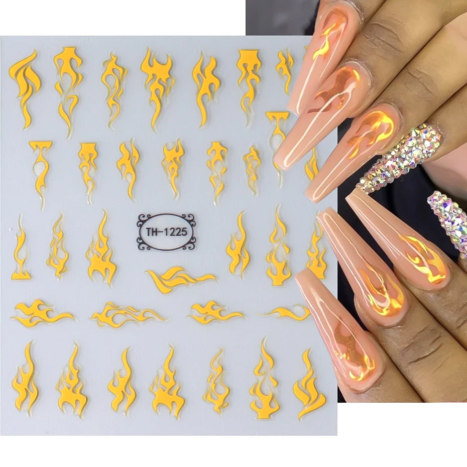 2Pcs Fire Flame Nail Stickers Gold Red Torch Light cursore autoadesivo linee a righe decalcomanie per unghie Manicure Decor accessori fai da te