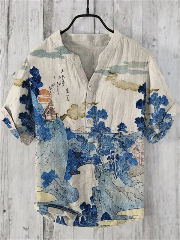 Camisa de manga curta estampada com abelha, blusa solta de linho de bambu, decote em v, casual, comércio exterior, primavera e verão, novo estilo